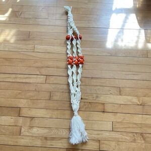 Vtg Plant Hanger Retro Orange Groovy Macrame Ceramic Teddy Bear‎ Beads 40" BOHO